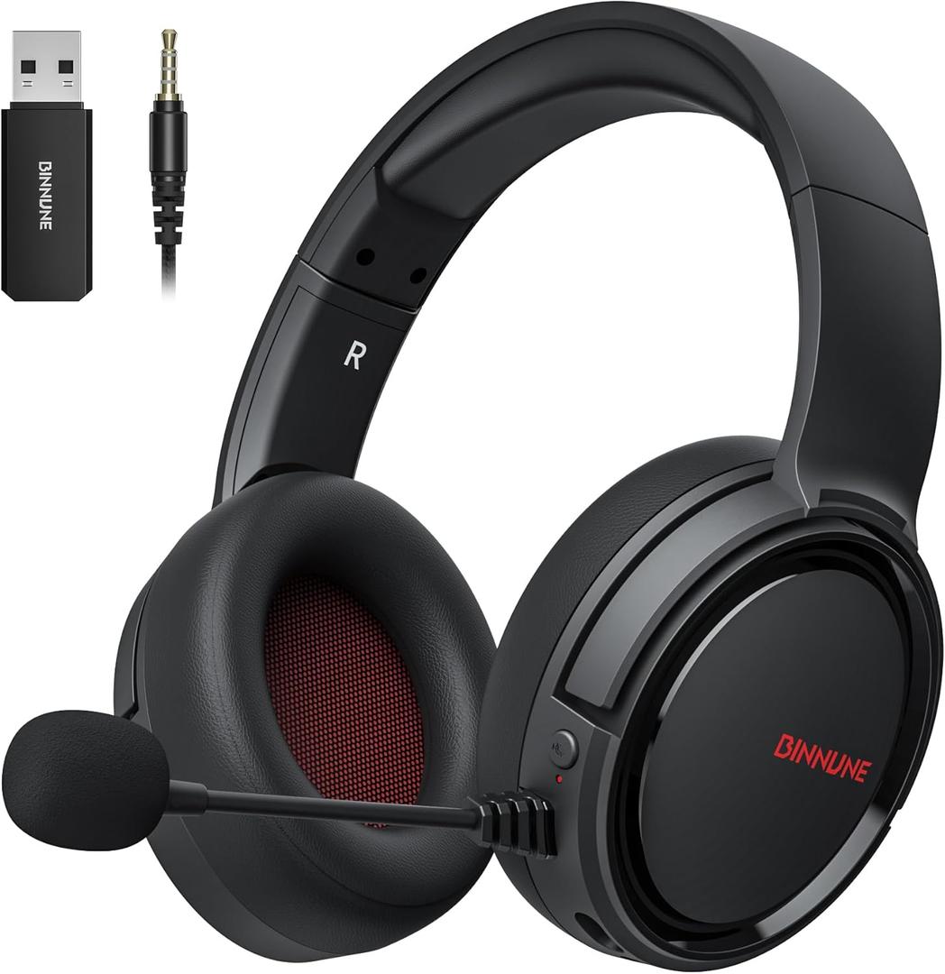BINNUNE Wireless Gaming Headset, 2.4GHz Gaming Headphones for PS4, PS5, NS, Bluetooth 5.3 Headphones with 40Hr Battery, Noise Canceling Microphone, Stereo Sound for Laptop, Mobile, Mac - Red