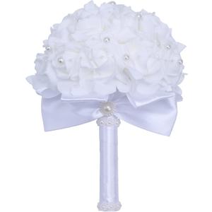 Wedding Bouquets for Brides or Bridesmaids Pearl Embellishment Roses Bridal Bridesmaid Wedding Hand Bouquet Artificial Fake Flowers.(White)