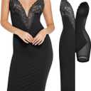 Popilush Women Lace Shapewear Midi Dress 2025 V neck Bodycon Corset Cocktail Party Date Night Dresses (Medium, Black)