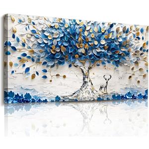 imjiayu Oversized Blue Tree Wall Art, Abstract Deer Canvas, Modern Nature, 57"L x 29"W