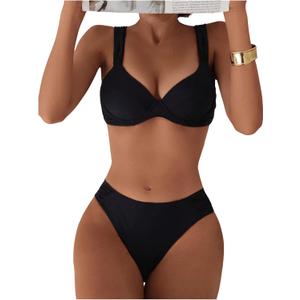 SOLY HUX Women's Two Piece Bathing Suit Underwire Push Up Swimsuit Summer Beach Bikini Set Solid Black Small SOLY HUX Women's Two Piece Bathing Suit Underwire Push Up Swimsuit Summer Beach Bikini Set Solid Black Small