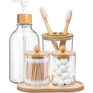 5 Pack Bamboo Bathroom Accessories Set with Tray - Plastic Soap Dispenser Clear Toothbrush Holder and 2 Qtip Holder Cotton Ball Container Jar