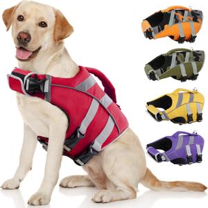 Kuoser Dog Life Jacket with Reflective Stripes - Adjustable High Visibility Vest, Ripstop Lifesaver, Pet Preserver with High Flotation Swimsuit for Small, Medium and Large Dogs (X-Large (Chest Girth:25.9-33.4''), 1#Red)