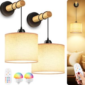 Rechargeable Battery Operated Wall Sconces Set of 2, Modern Fabric Wall Lamps with Wooden Arm & Remote Control, Dimmable Multicolor LED Lights for Indoor Bedroom, Living Room, Kitchen, House