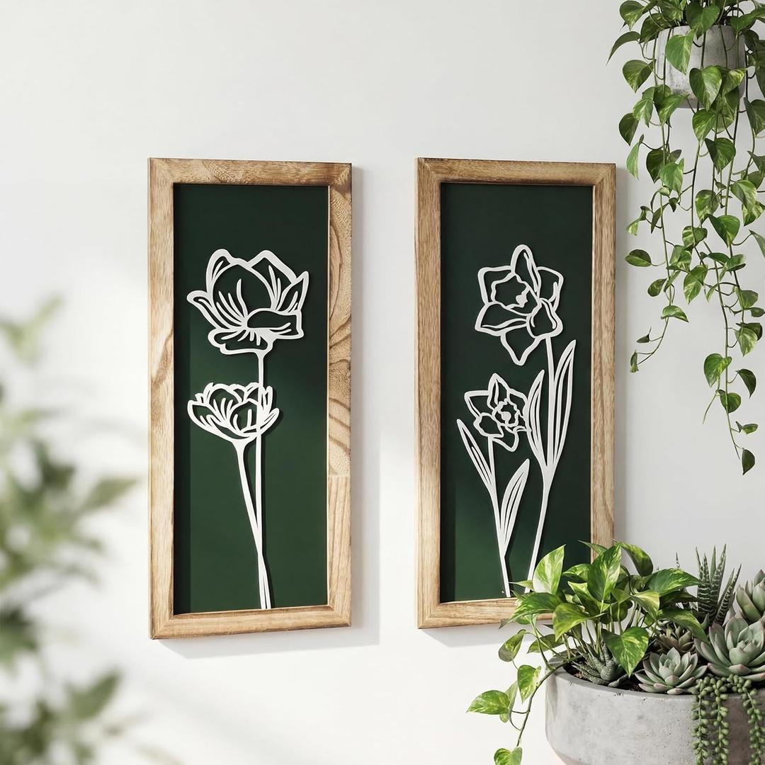 3D Floral Wall Art with 7''16'' Botanical Textured Framed Artwork Decor Wall Art for Living Room Bedroom Office Bathroom Decor Wall Modern Boho Farmhouse Decor Wooden Ready to Hang (Set of 2)
