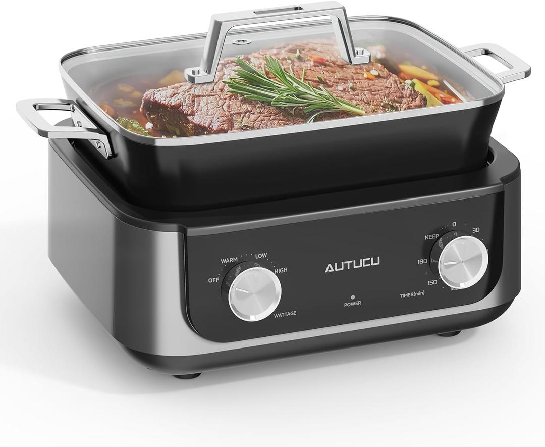 N61NA Nonstick Slow Cooker 7-Quart - PFOA-Free Ceramic-coated, 3 Heat Settings & Timer - Dishwasher & Oven Safe Pot for Effortless Cooking, Perfect for Family Meals & Parties