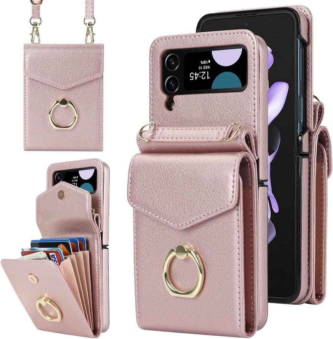 Asuwish Phone Case for Samsung Galaxy Z Flip 3 5G 2021 Wallet Cover with RFID Blocking Ring Crossbody Wrist Strap Stand Credit Card Holder Leather Cell Accessories ZFlip3 Z3 Flip3 3Z Women Rose Gold