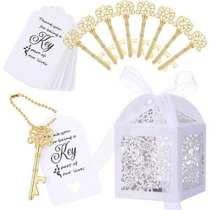 100 Pcs Wedding Candy Boxes Sets 50 White Laser Cut Favor Boxes 50 Skeleton Key Bottle Opener with Tags Cards and Ribbon White Lace Candy Box Favor for Bridal Shower Birthday Party