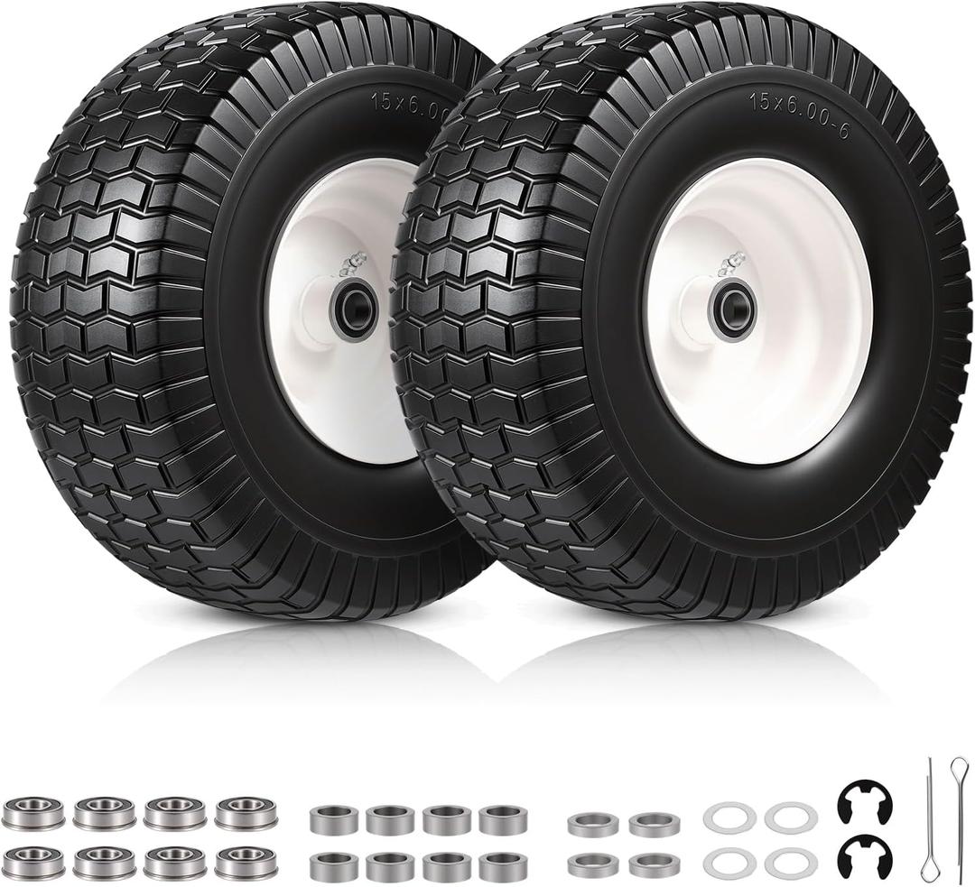 2 PCS 15x6.00-6 Flat Free Lawn Mower Tire and Wheel, 15x6-6 Front Tire Assembly Compatible with John Deere Husqvarna Riding Mowers Lawn Tractors, with 3/4" & 5/8" Bearings, 3" Centered Hub