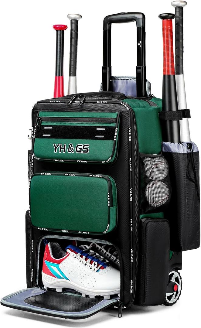 Rolling Baseball Bag,Wheeled Softball Bag with Fence Hook for TBall Bat & Equipment,Lightweight Baseball Bat Bag with Shoe Compartment (Green)