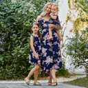PopReal Mommy and Me Dresses Floral Print Cold Shoulder Ruffle Backless Strap Romper Beach Midi Dress Summer (Blue, XL)