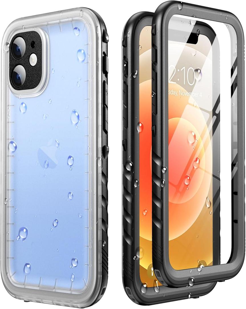 SOKUSIN for iPhone 12 Mini Case Waterproof - Shockproof Dust Drop Proof Case with Built-in Screen & Lens Protector, Full Body Bumper Rugged Underwater Protective Cover, 5.4" Black/Frosted Clear