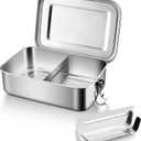 E-far Stainless Steel Bento Box, Medium 850ml Metal Bento Lunch Box Container, 28oz Leak-Proof Lunch Container with Lids and 2 Removable Dividers, Reusable Meal Storage for Camping Picnic Travel Work