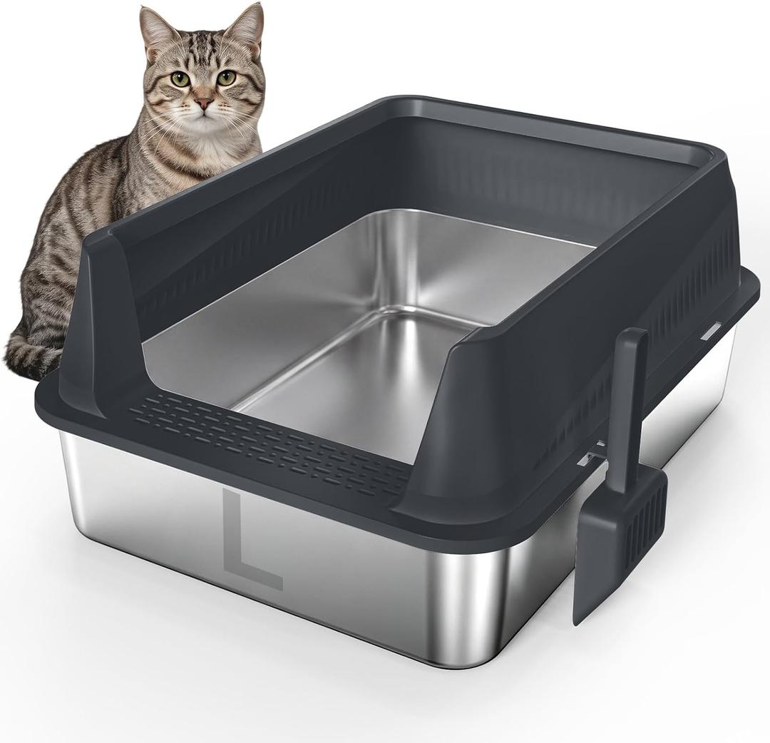 AIPERRO Stainless Steel Litter Box with Lid, Large Metal Cat Litter Box