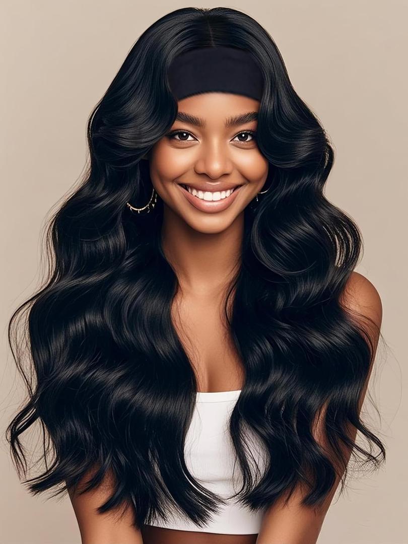 Body Wave Headband Wig Human Hair for Black Women Glueless No Lace Front Brazilian Virgin Human Hair Headband wigs 180% Density Wear and Go Machine-Made Natural Look, 20in