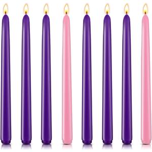 Christmas Advent Candles Set, 6 Purple and 2 Pink Taper Candles, 10" Unscented Candlestick for Seasonal Celebrations