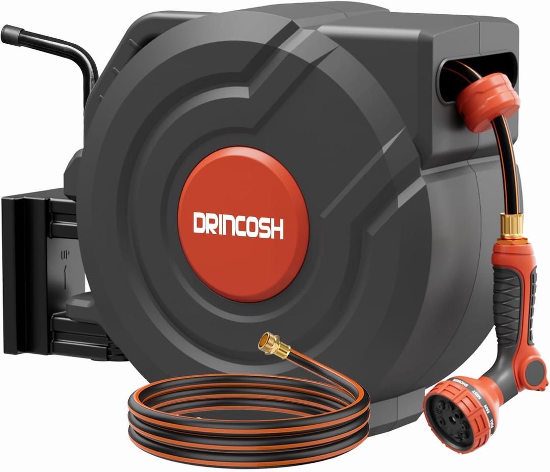 Upgraded Retractable Garden Hose Reel 1/2" x 155 ft Pro 180 Swivel Metal Bracket Automatic Retract Heavy Duty Hose Reels Wall Mount Any Length Lock 9 Pattern Nozzle Garden Watering