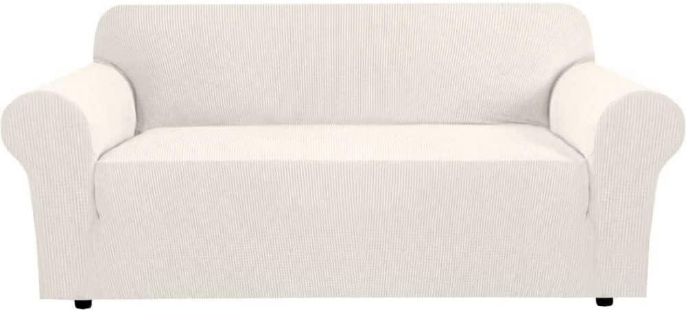 H.VERSAILTEX Stretch Sofa Covers for 3 Cushion Couch Covers Sofa Slipcovers for Living Room Feature Thick Checked Jacquard Fabric with Elastic Bottom, Sofa Large - Ivory