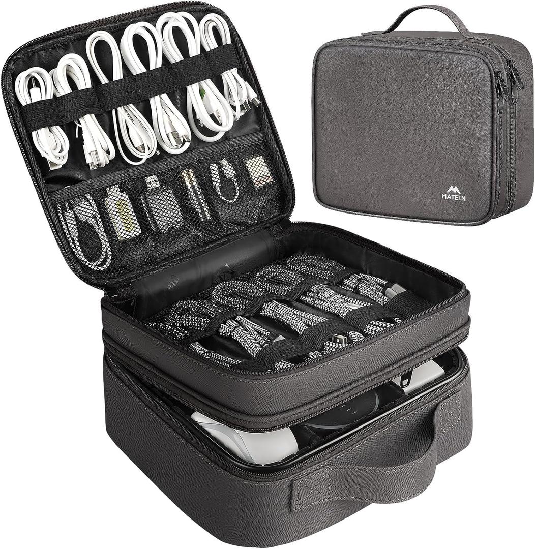 MATEIN Cord Organizer Case with Adjustable Divider, DJ Cable File Bag for DJ Gear, Sound Instrument and Music Equipment Accessories, Shockproof Portable Double Layer Cord Bags, Grey (Medium)