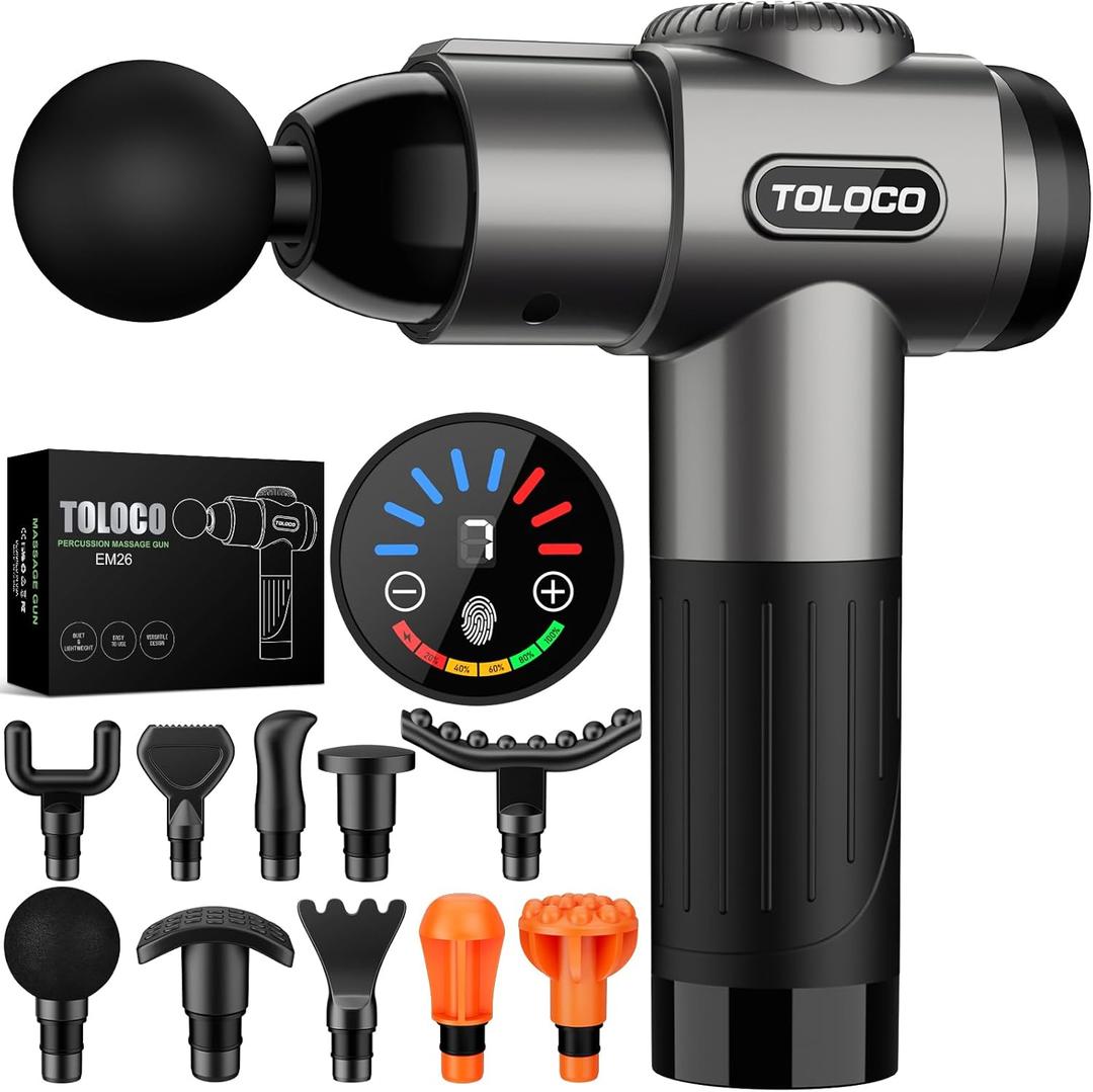 TOLOCO Massage Gun, Deep Tissue Back Massage for Athletes for Pain Relief, Percussion Massager with 10 Massages Heads & Silent Brushless Motor, Mothers Day Gifts, Grey