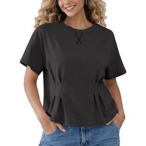 Women's Peplum Tops Babydoll Tops Short Sleeve Shirts Cinched Waist Tops Casual Blouses Dressy Summer (Gray, M)