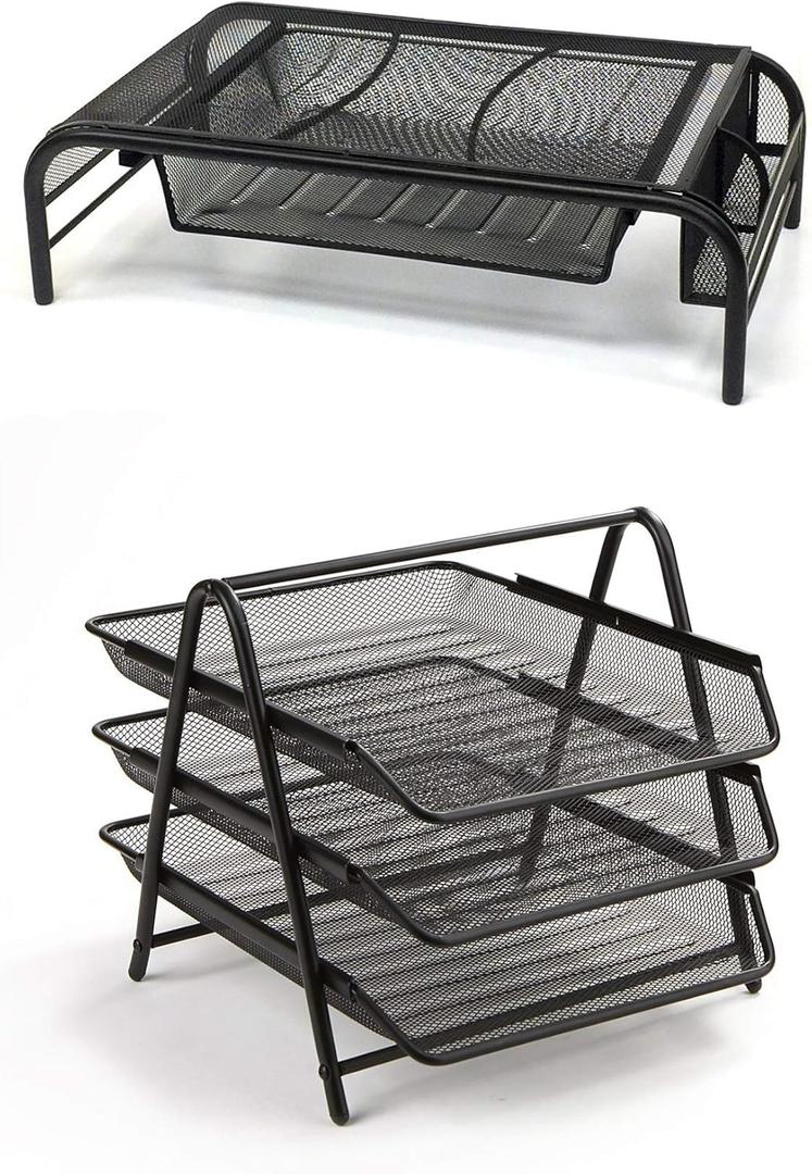 Mind Reader Monitor Stand and 3-Tier Paper Tray Set, Desktop Organizer, Metal Mesh, 20"L x 11.75"W x 5.75"H, 2 Pcs., Black