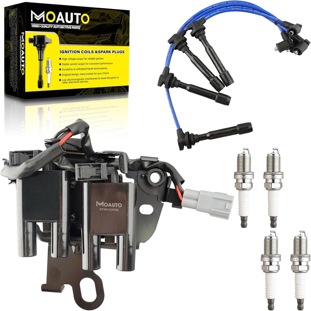 Set of 1 Ignition Coils Pack UF419 & 4 PCS Iridium Spark Plugs with Wire Set Compatible with Hyundai Elantra Tucson Tiburon Kia Sportage Spectra Spectra5 - L4 2.0L