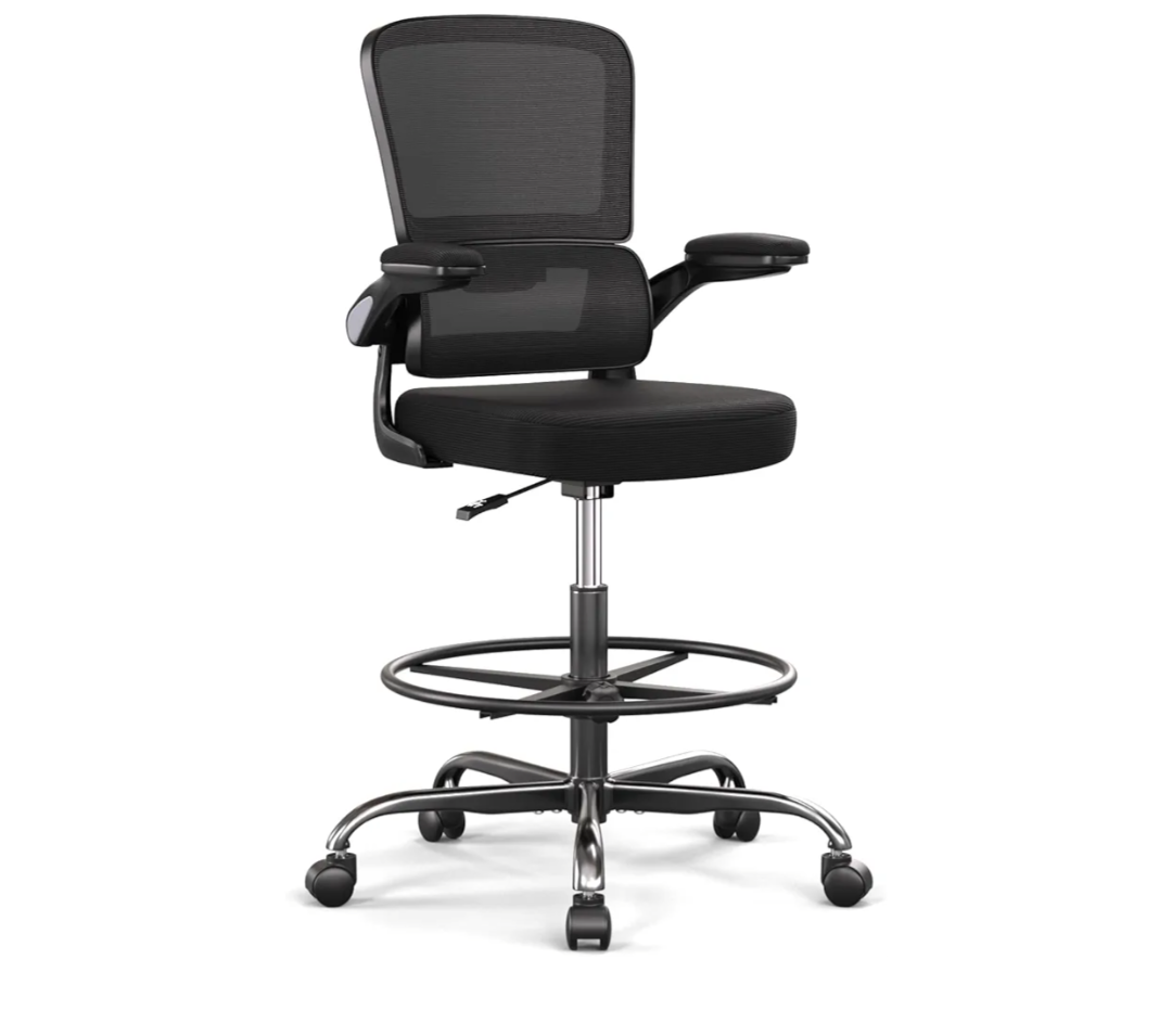Ergonomic Drafting Chair with Footrest,Tall Office Chair for Standing Desk with Flip-up Armrests with Breathable Comfy Mesh Support and Adjustable Foot Rest Ring(Black)