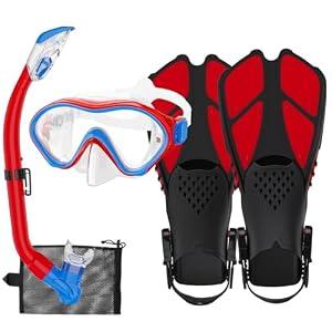 HH HHAO SPORT Kids Snorkeling Set with Fins Anti Leak Snorkeling Gear for Kids with Adjustable Flippers, Youth Junior Full Dry Snorkel Set Swimming Goggles with Nose Cover Diving Mask Scuba with Bag