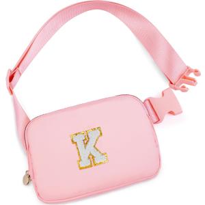 Cross Body Bag for Girls & Women - Trendy Everywhere Belt Bag, Fanny Pack for Kids & Teens, Monogrammed Waist Pack, Initial White K, Peach