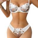 Lilosy Sexy Floral Embroidered Flower Mesh Underwire Push Up Lingerie Set (Medium)