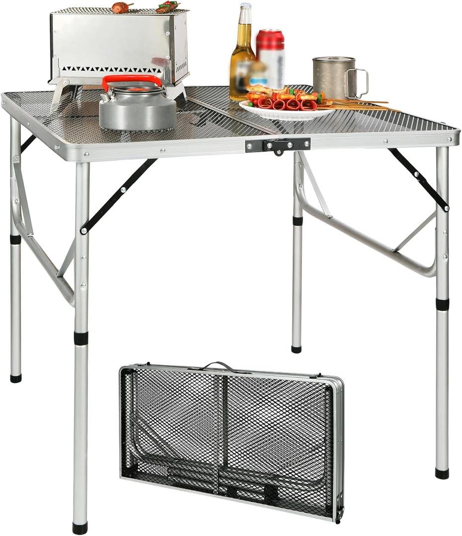 REDCAMP Folding Portable Grill Table for Outside, Lightweight Aluminum Metal Grill Stand Table for Camping Cooking BBQ RV Picnic,Easy to Assemble with Adjustable Heights Legs,Silver 32x32