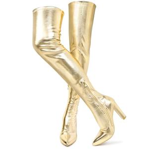 Wsheliu Metallic Gold Thigh High Boots Women Chunky Heel Faux Leather Over The Knee Boots Tall Boots Pointed Toe 2024 GOGO Boots Knee High Boot Zipper Winter Boots Size 7.5