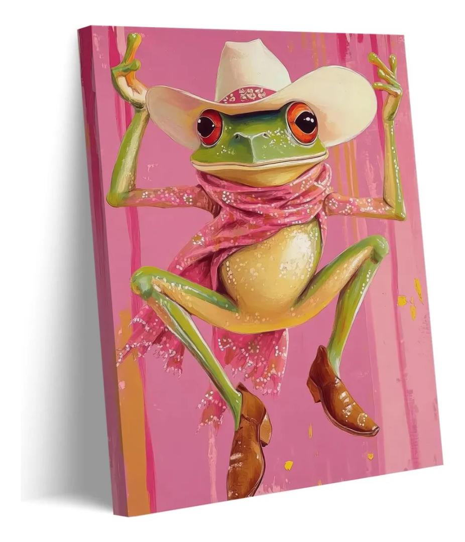Pink Trendy Frog Canvas Wall Art Cute Cowboy