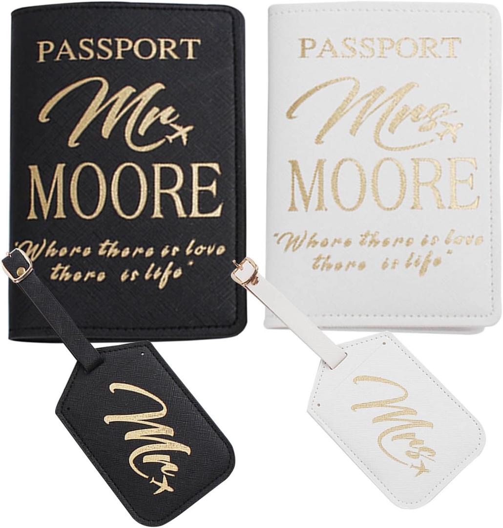 Passport Wallets Travel Holder Set, Honeymoon Travel Luggage Tags Passport Cover for Wedding Bridal Shower Gift, cute map pattern for Wedding Bridal Shower Gift (Golden-2)