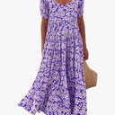 BTFBM Casual Dresses for Women 2024 Short Sleeve Floral Print Dress Cute Maxi Dresses for Women Trendy Long Dress(Purple White Flower,Large), L