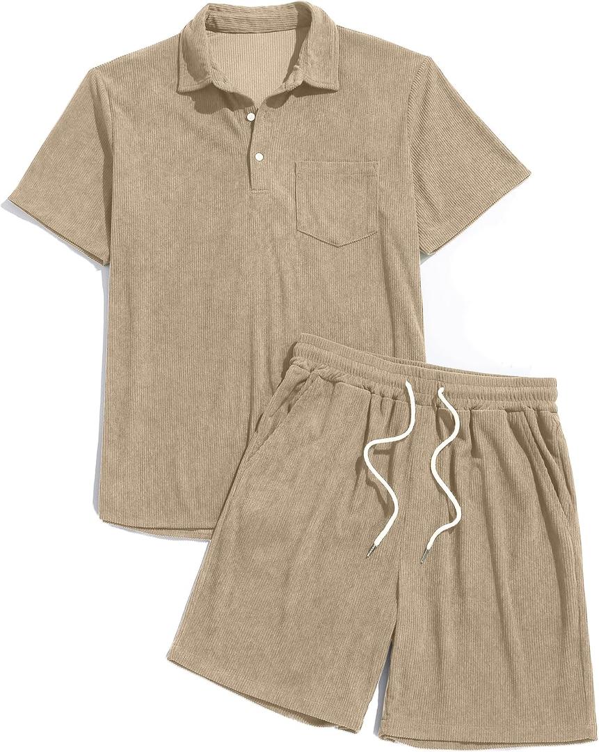 ZAFUL Men‘s 2 Pieces Sets Outfits Summer Beach Set Short Sleeve Button Down Zip Up Shirt And Short Sets (L)