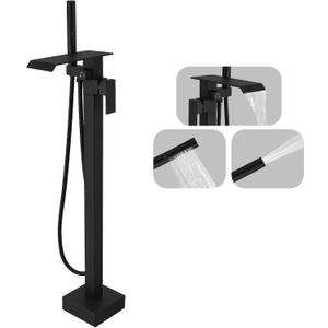 Matte Black Freestanding Waterfall Bathtub Faucet High Flow Standing Tub Filler Floor Mount Brass Stand Bathtub Filler Single Handle Bathroom Floor Mounted Tub Faucets with Handheld Shower