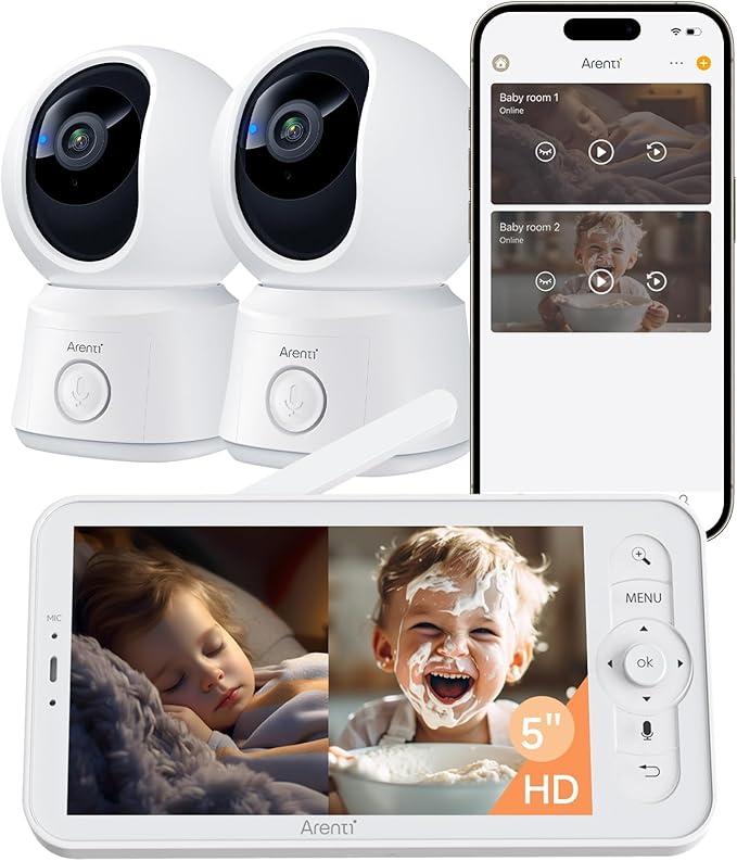 ARENTI Baby Monitor 2 Cameras, Smart Baby Camera with 5Inch Wireless Display, Super Night Vision, Temperature Sensor, Sound Detection, Auto Motion Tracking, 2Way Audio, VOX Mode(B2 Set)