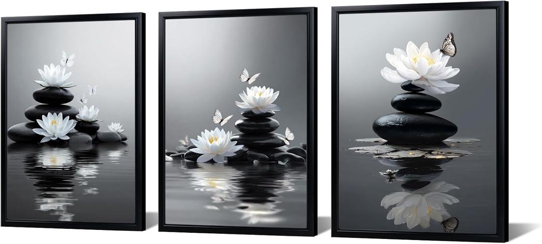 Muzenso Canvas Prints with Black Frame 3 Piece Set White Lotus Flower and Butterfly Zen Stones Wall Art 12x16 Inch Stretched Canvas Paintings for Bedroom Living Room Bathroom Spa Yoga Room Decor