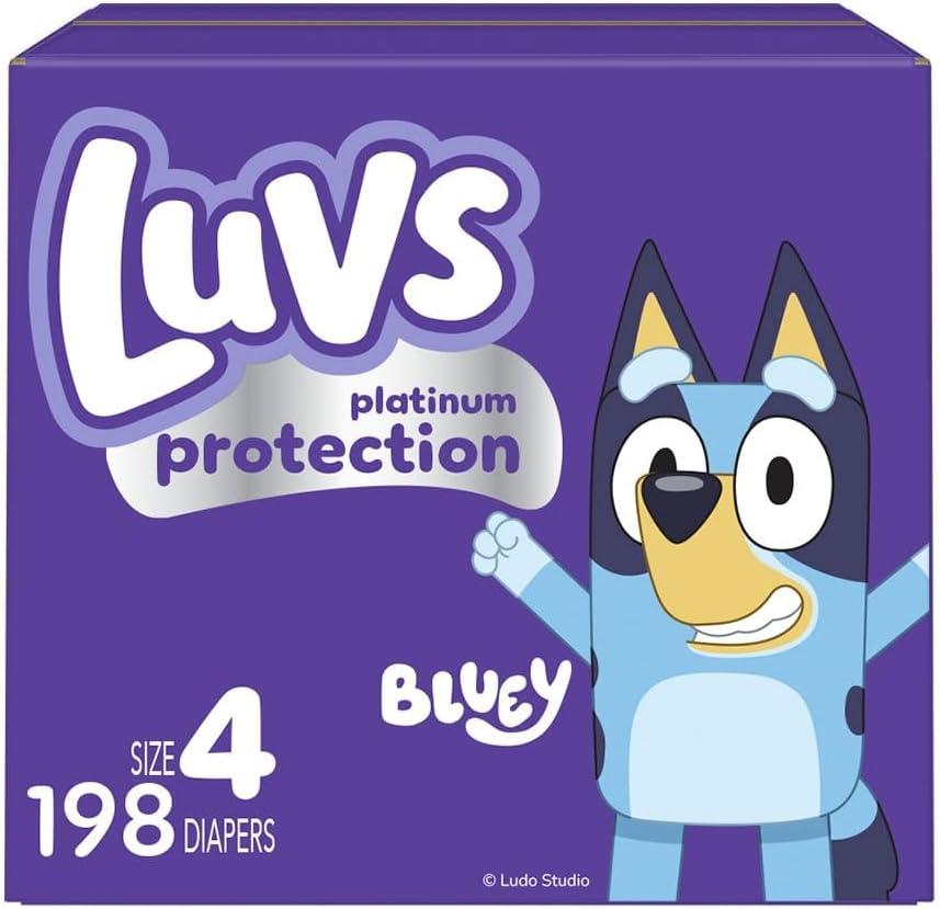 Luvs Size 4 Baby Diapers, Platinum Protection Bluey Diapers for Day & Night, Size 4, 198 Count 