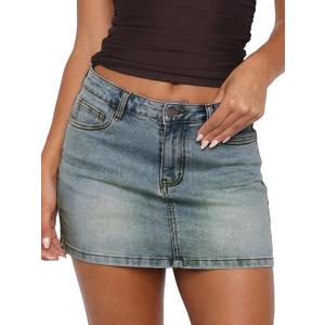 ELLEVEN Denim Mini Low Rise Skirt for Women Stretch Jean Skirt with Pockets | Womens High Stretch Denim Mini Skirt,Summer Bodycon Micro Sexy Short Skirts,Casual Cute Trendy Y2K Fashion Style (Blue, M)