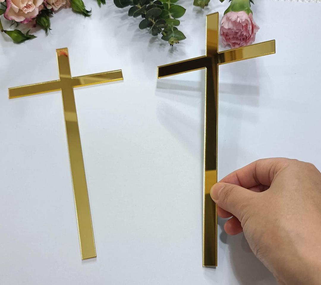 12pcs Cross Cake Charm, Slim Acrylic Christening Baptism Confirmation Decoration (8'', Gold Mirror)