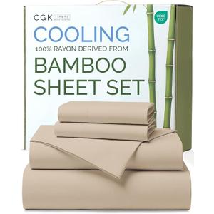 100% Rayon Derived From Bamboo  Bamboo Sheets Queen Size  Cooling Sheets for Queen  Ultra Soft, Breathable & Hotel Luxury Bedding  1 Flat & 1 Fitted & 2 Pillowcases w/ 16 Inch Deep Pockets  Wheat