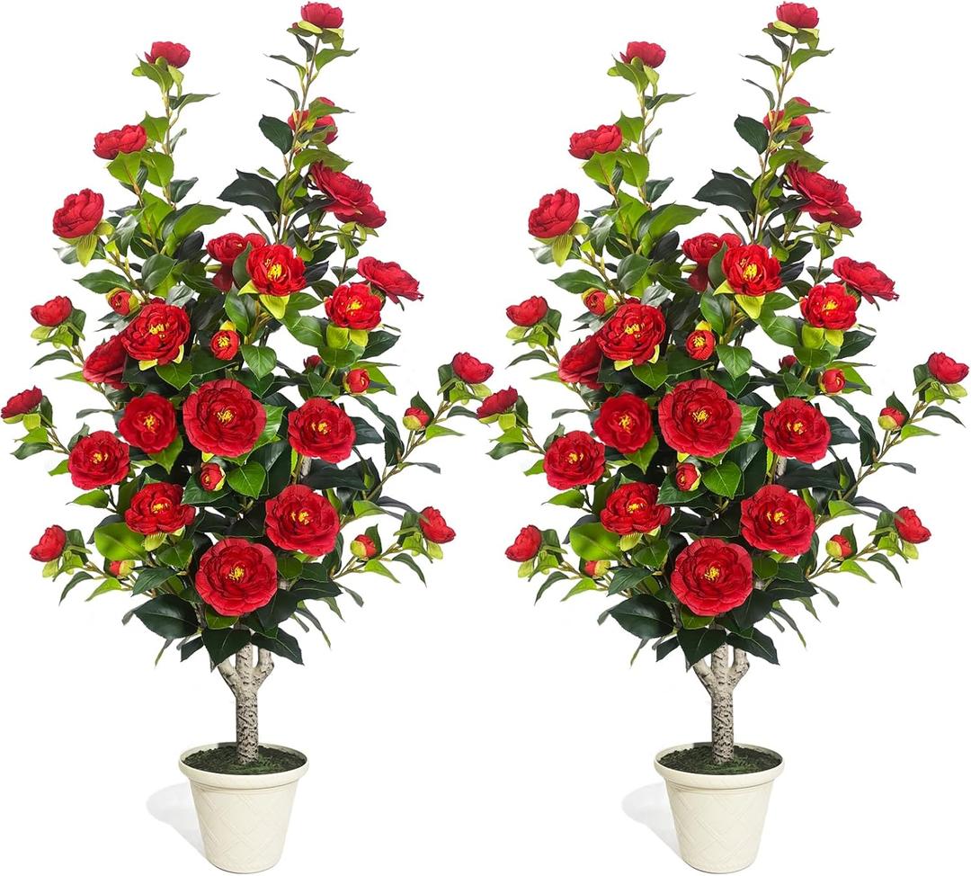 2 Pack Artificial Camellia Tree 43" Fake Tree with 36 Blooming Flowers; 3.6FT Faux Tall Camellia Plants in White Pot,Greenery Potted Plant for Indoor & Outdoor Home Office Porch Decor(Red)