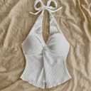 QJQ Women's Halter Tops Twist Front Slit Backless Cute Summer V Neck Tank Top Vacation Outfits (White, S)