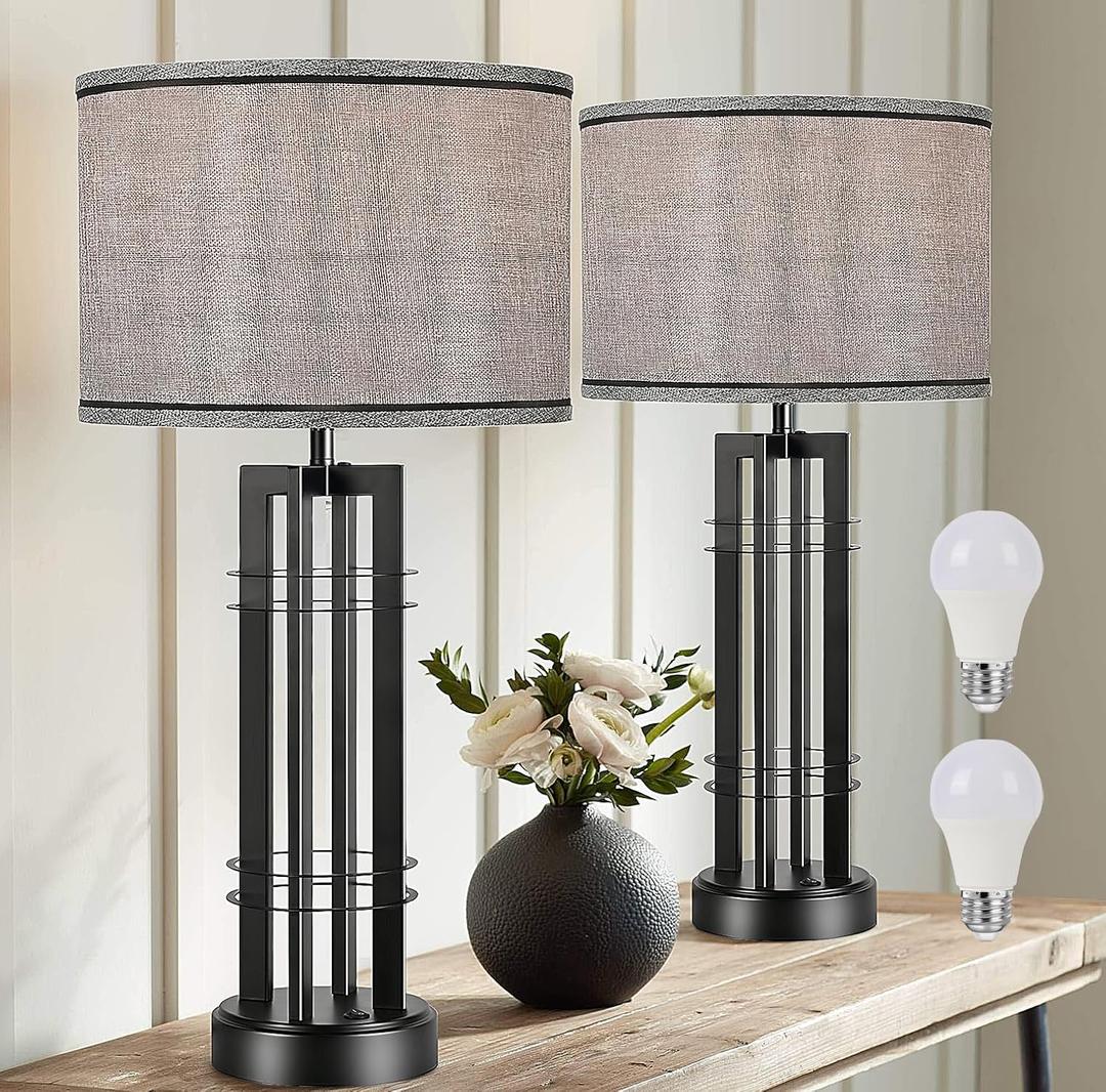 27in Tall Table Lamps for Living Room Button Control Farmhouse Rustic Table Lamps Set of 2 SideTable Lamps Black&Grey Bedroom Lamps for Bedside Nightstand End Table 2025 New