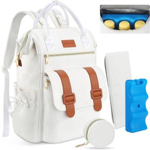 PIIOSER Diaper Bag Backpack with Ice Pack, Large Capacity & Waterproof Baby Travel Backpack Bag for Moms Dads, Insulated Baby Cooler Bag with Changing Pad, Stroller Straps & Pacifier Case, Cream