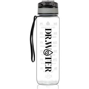 Dr. Water Sports Water Bottle, 32oz Motivational Sports Water Bottle with Time Marker - Times to Drink - Tritan, BPA Free, Wide Mouth Leakproof, Grey (1 Bottle) Transparent see through