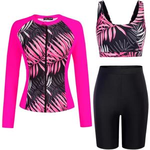 JACK SMITH Women's 3 Piece Long Sleeve Rash Guard Swimsuits Zip Front Bathing Suit Tankini Swimsuits UPF 50, Large